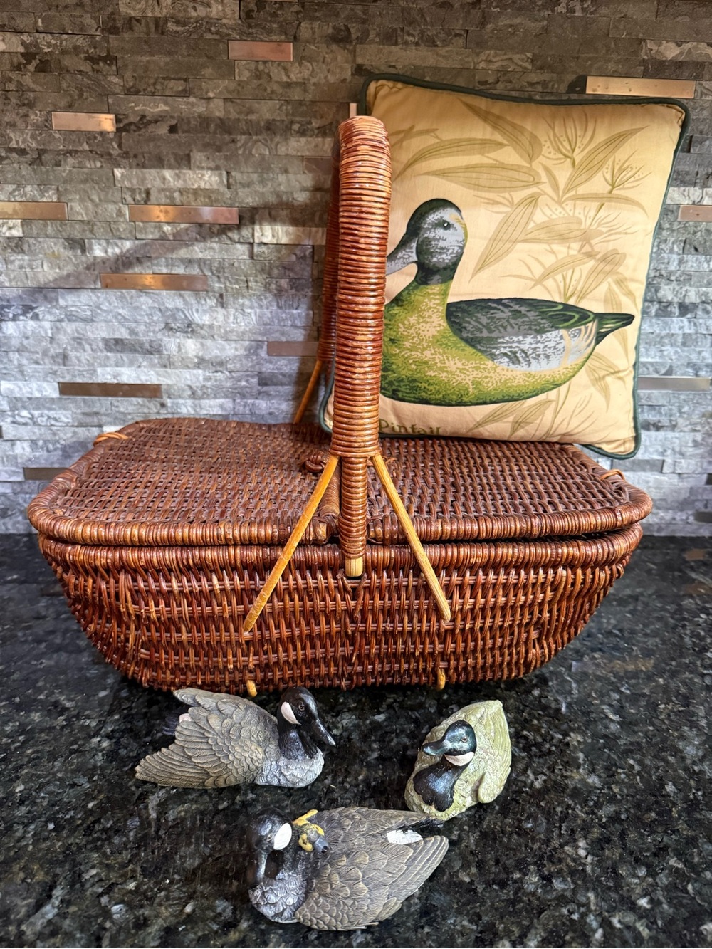 Vintage Cottage Core Duck Vignette Lot- Rattan basket, duck pillow, 3 geese